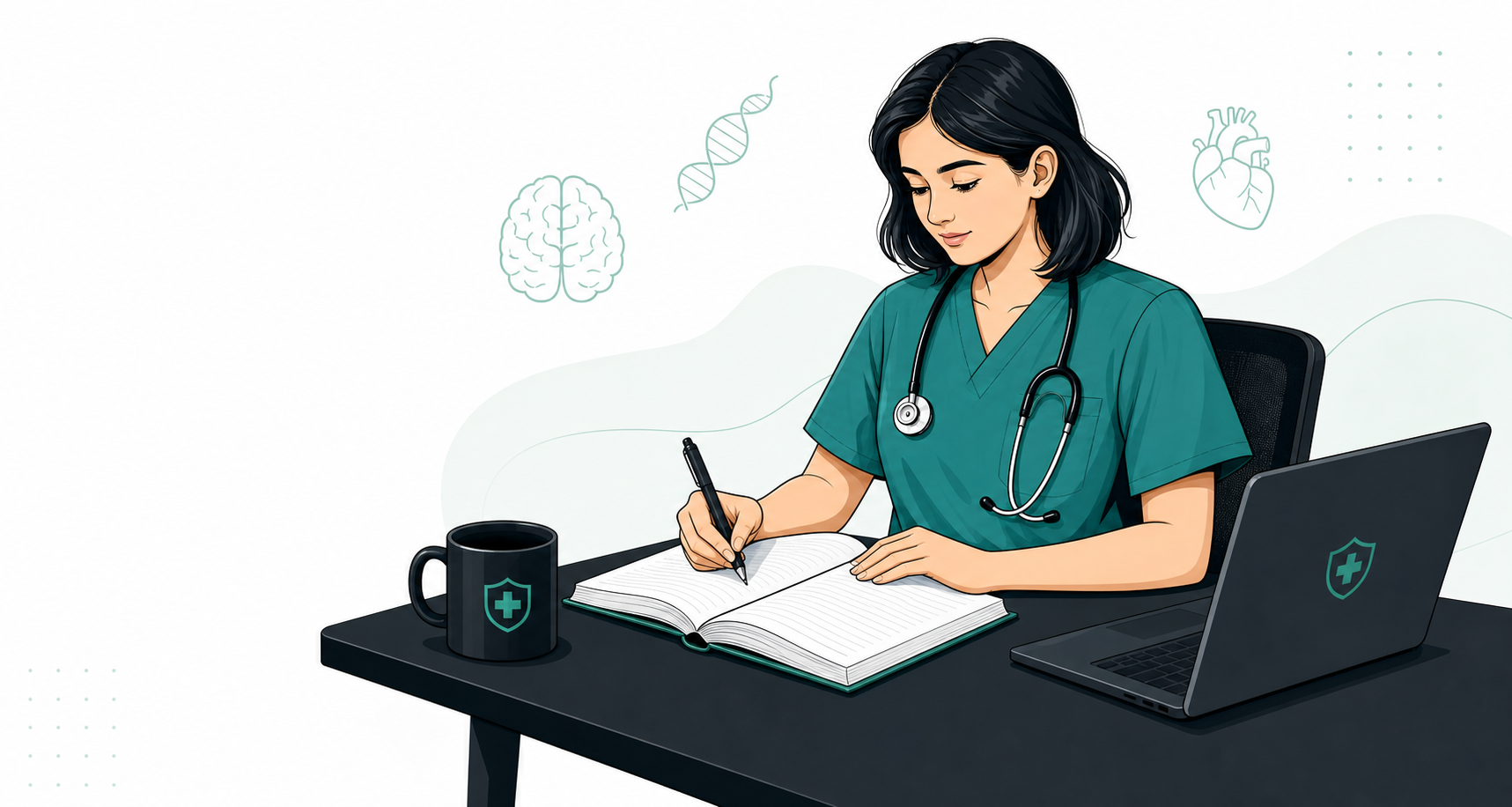 Medical student in teal scrubs studying with notebook, laptop, and stethoscope